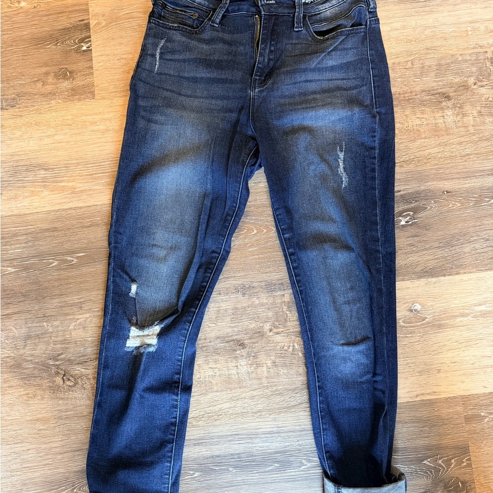 KanCan Dark Wash Distressed Skinny Jeans Frayed Raw Hem High Rise